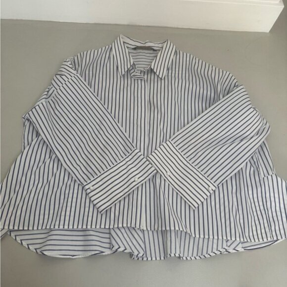 ZARA Blue & White Button-Down Shirt w/ Peplum Back & Pearl Sleeve Accents – S - Picture 8 of 16